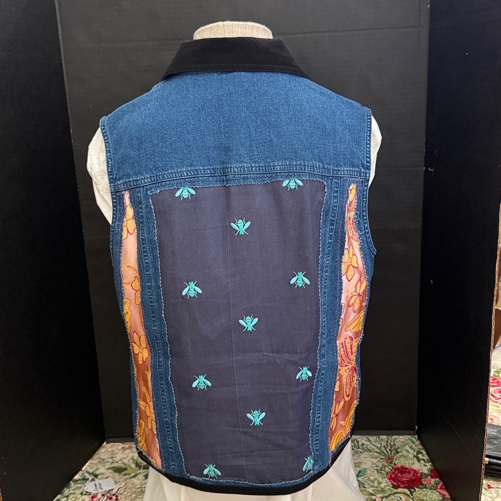 Reimagined Artistic Denim Vest with Colorful Embroidered Fabric Sz M/L